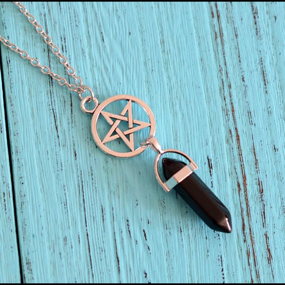 Pentagram Star Necklace Black Onyx Crystal Energy